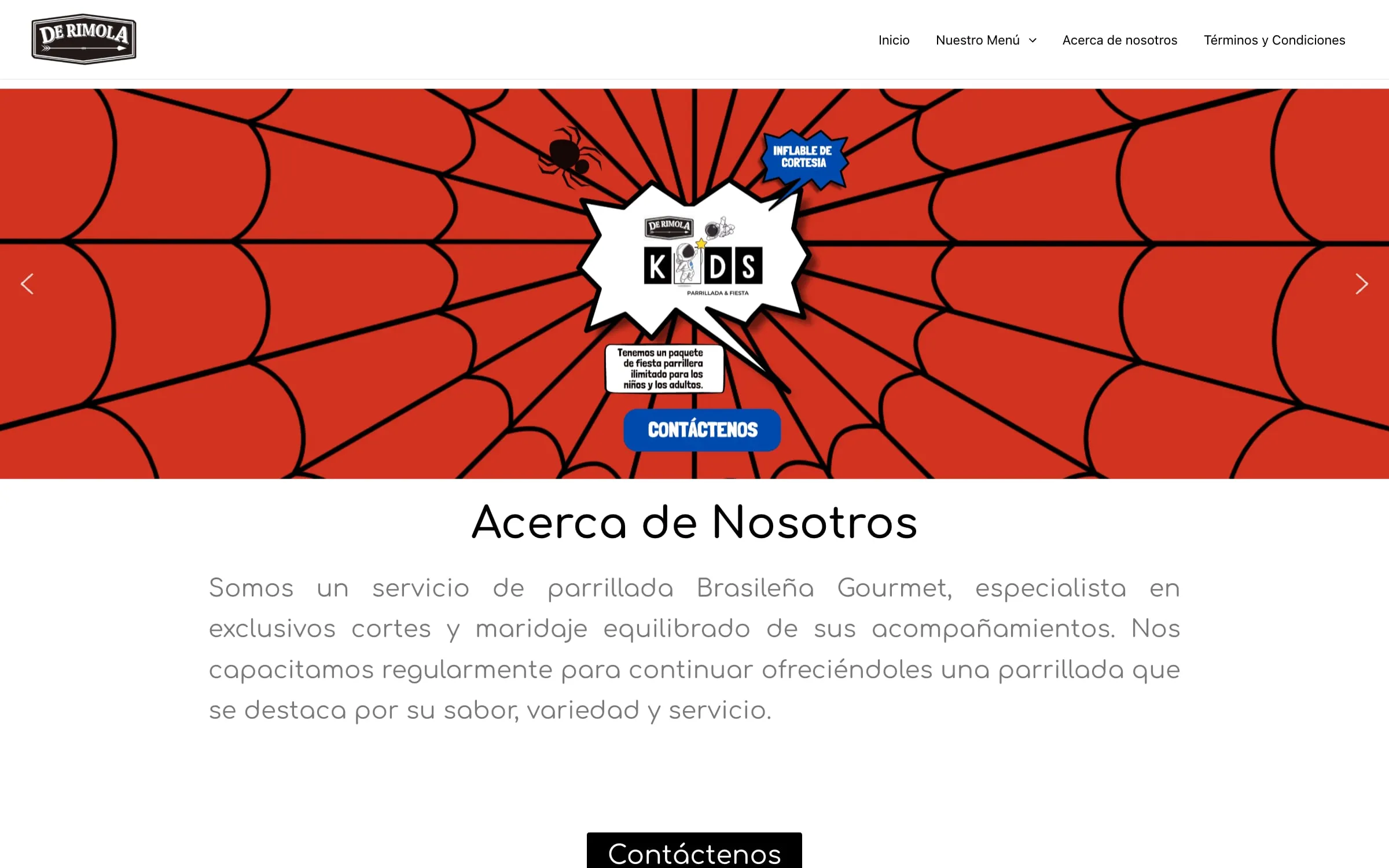 Portada de derimola.com con el menú del servicio de parrillada