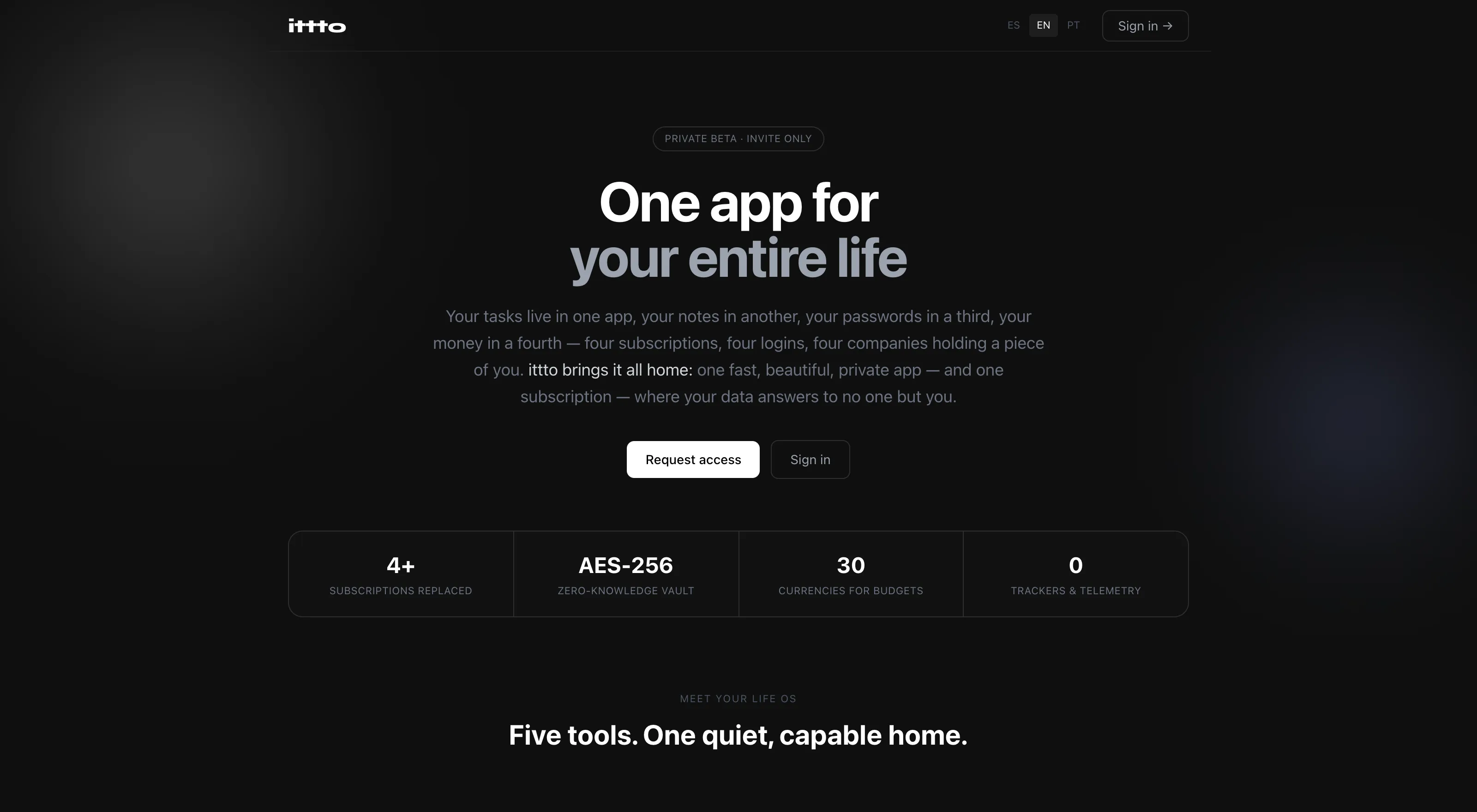 Portada de ittto.app: «One app for your entire life» con las métricas del producto