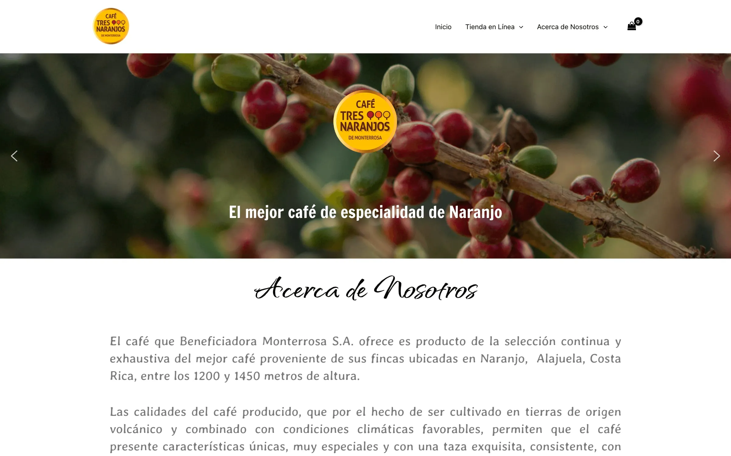 Portada de beneficiomonterrosa.com con fotografía del cafetal